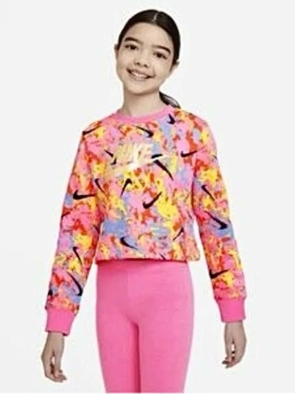 Nike Kids Cropped Paint Splatter Nike Swoosh Crew Neck Hoodie with Gold Logo